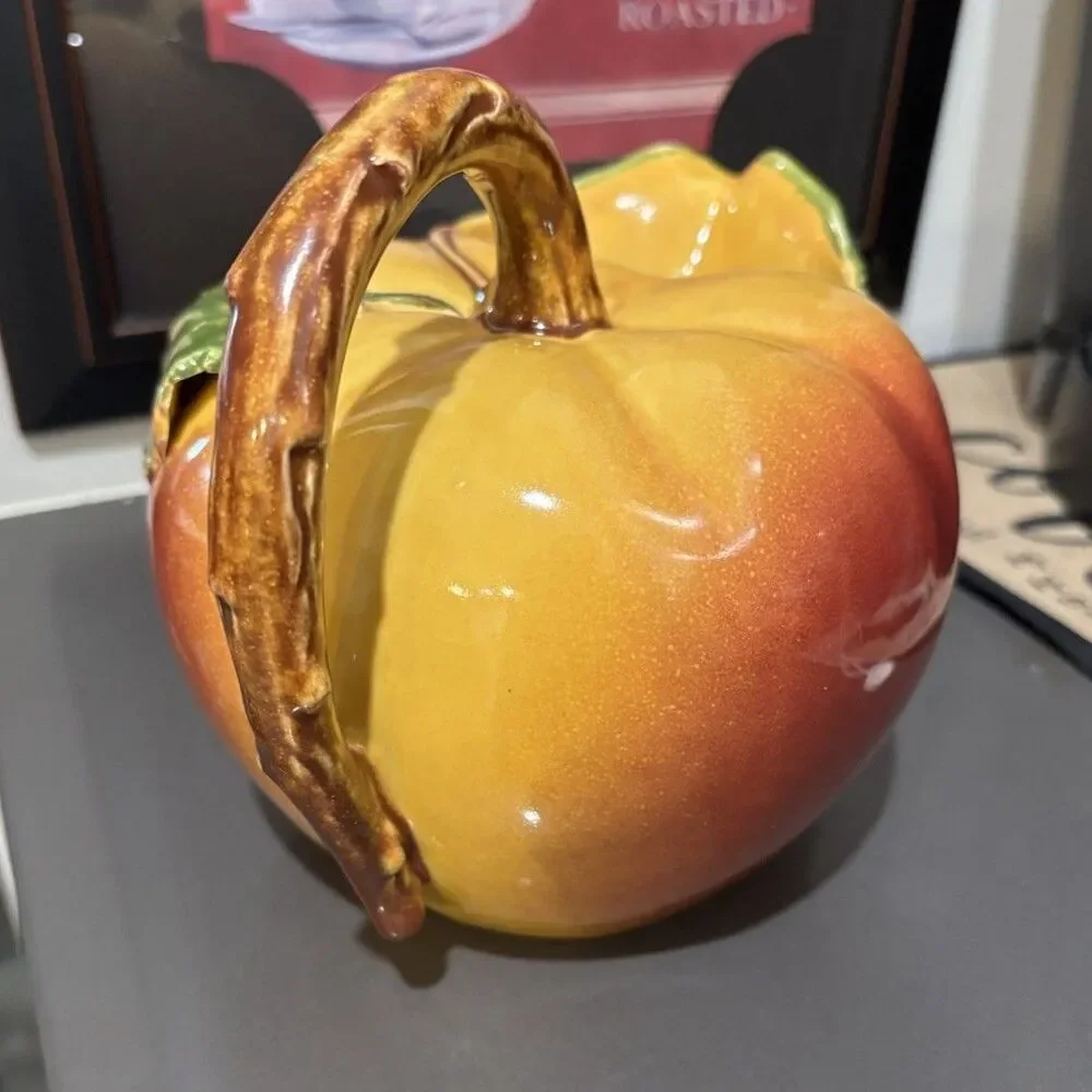 Vintage Peach Pitcher, Colorful Ceramic Fruit Pitcher Clean Shiny Glaze 7” Tall